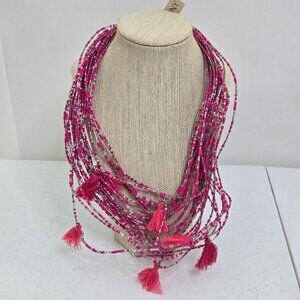 Stony Beaded Necklace Pink Tassel Multi Strand $26 New Statement Seed Bead